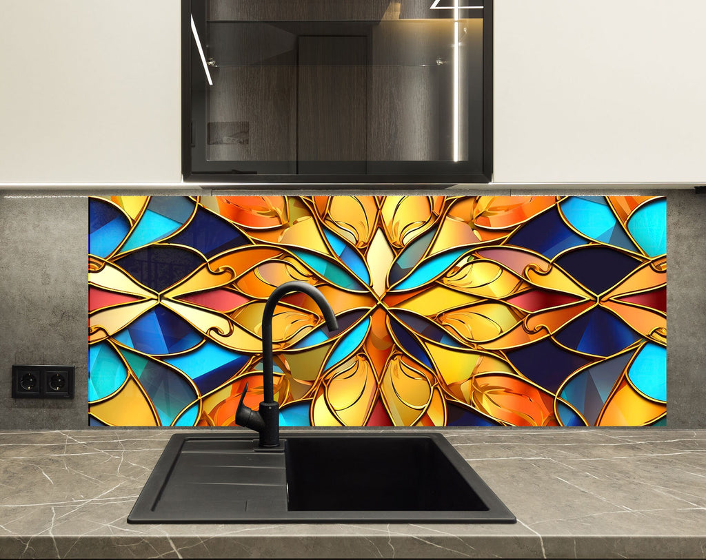 a kitchen counter with a sink and a stained glass window