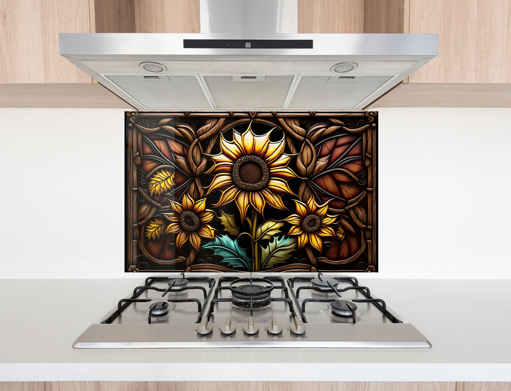 a stove top with a painting of sunflowers on it