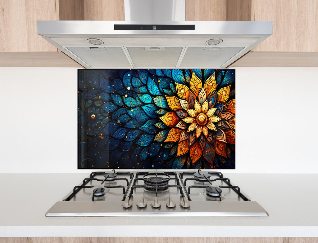 a stove top with a painting of a flower on it