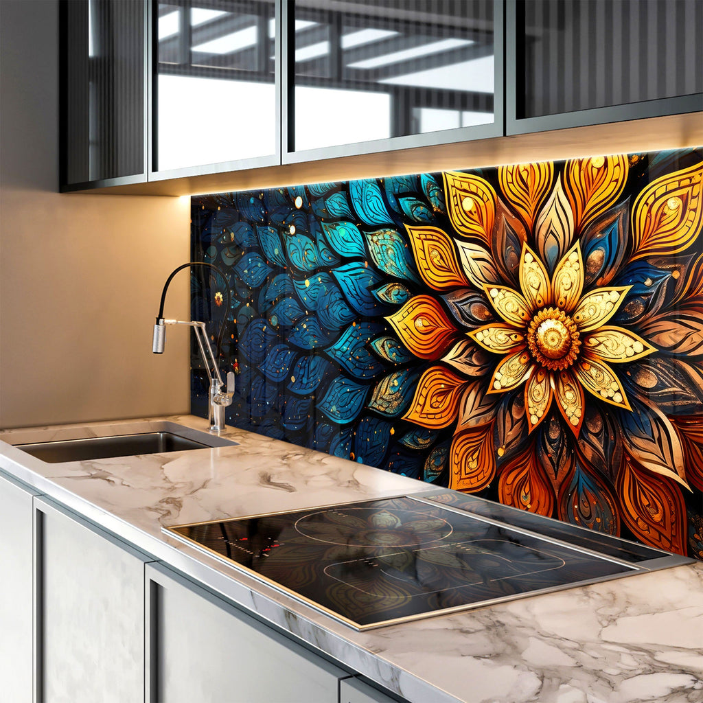 a kitchen counter with a painting on the back of it