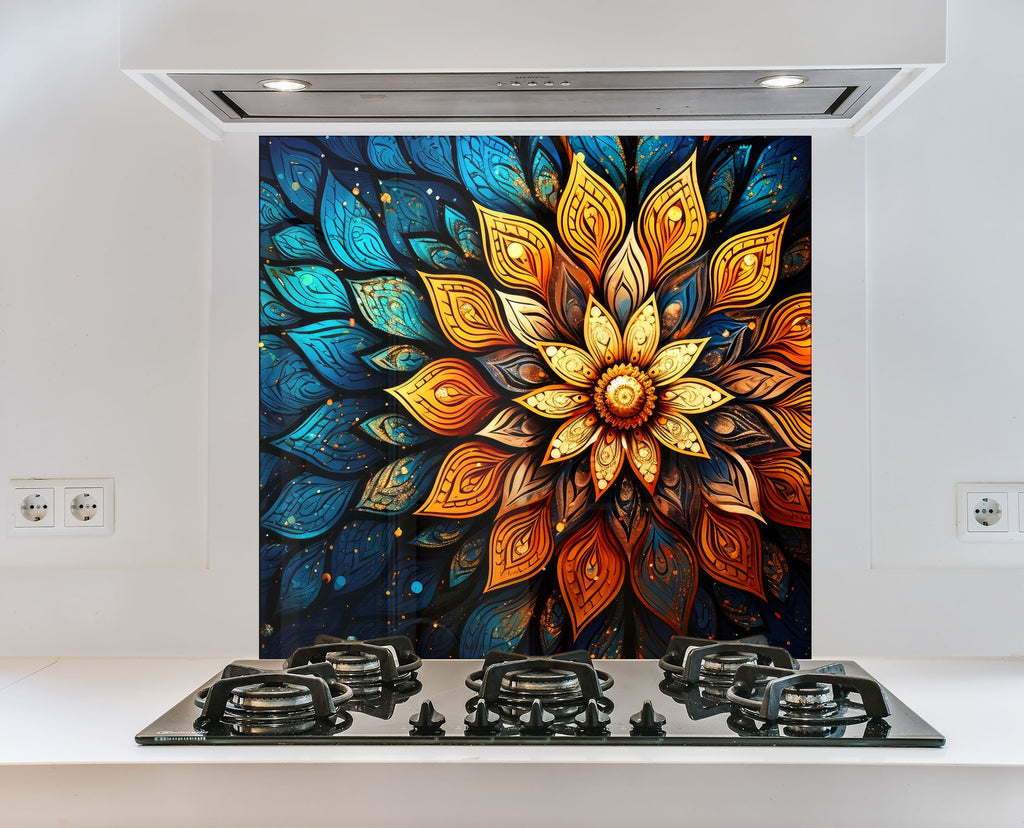 a painting of a flower on a wall above a stove