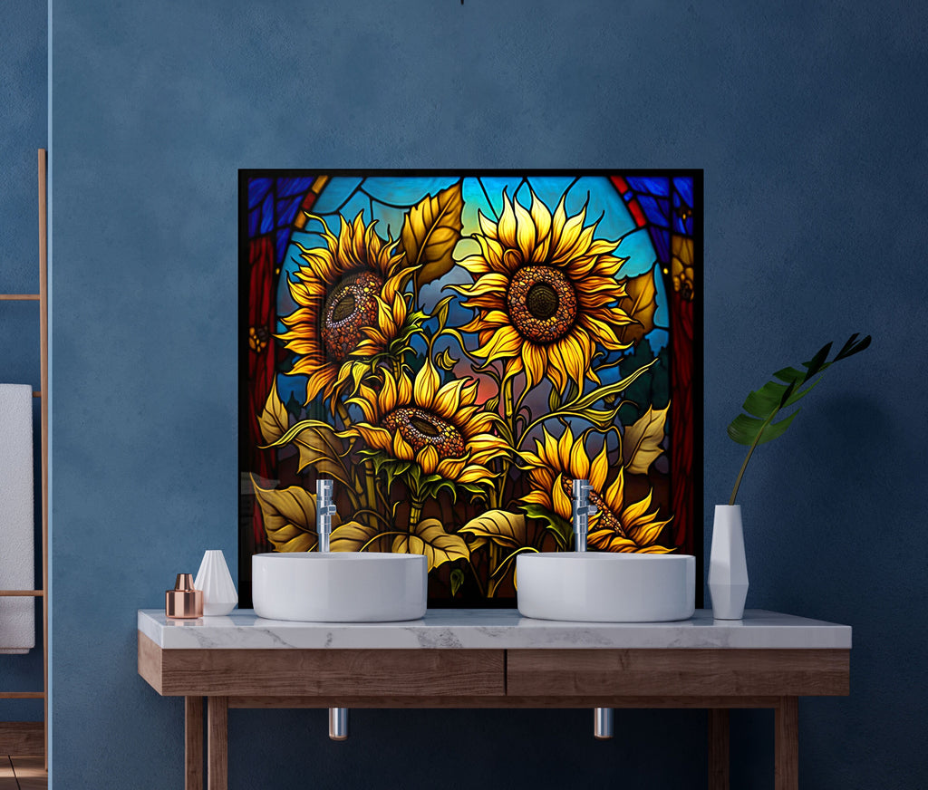 a painting of sunflowers on a blue wall