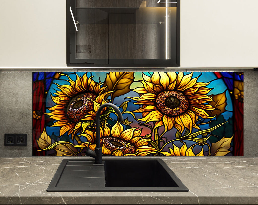 a kitchen with a sink and a sunflower mural on the wall