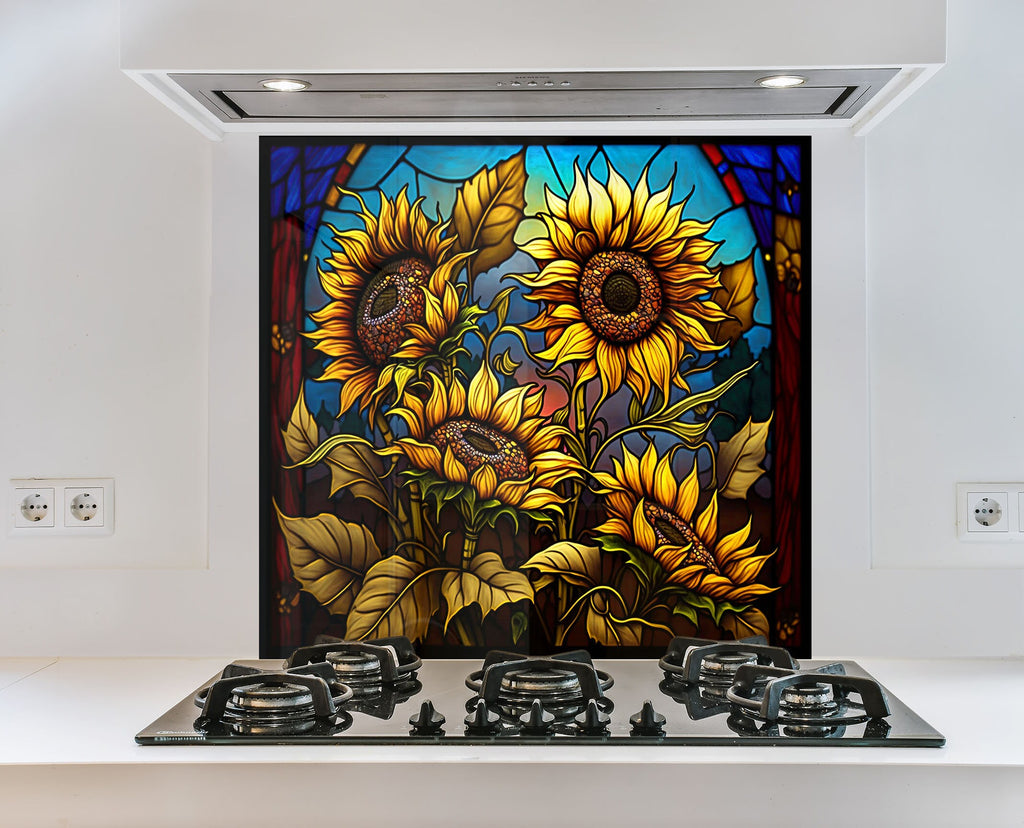 a sunflower stained glass window in a kitchen