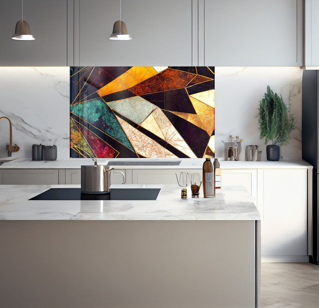 a kitchen with a marble counter top and a painting on the wall