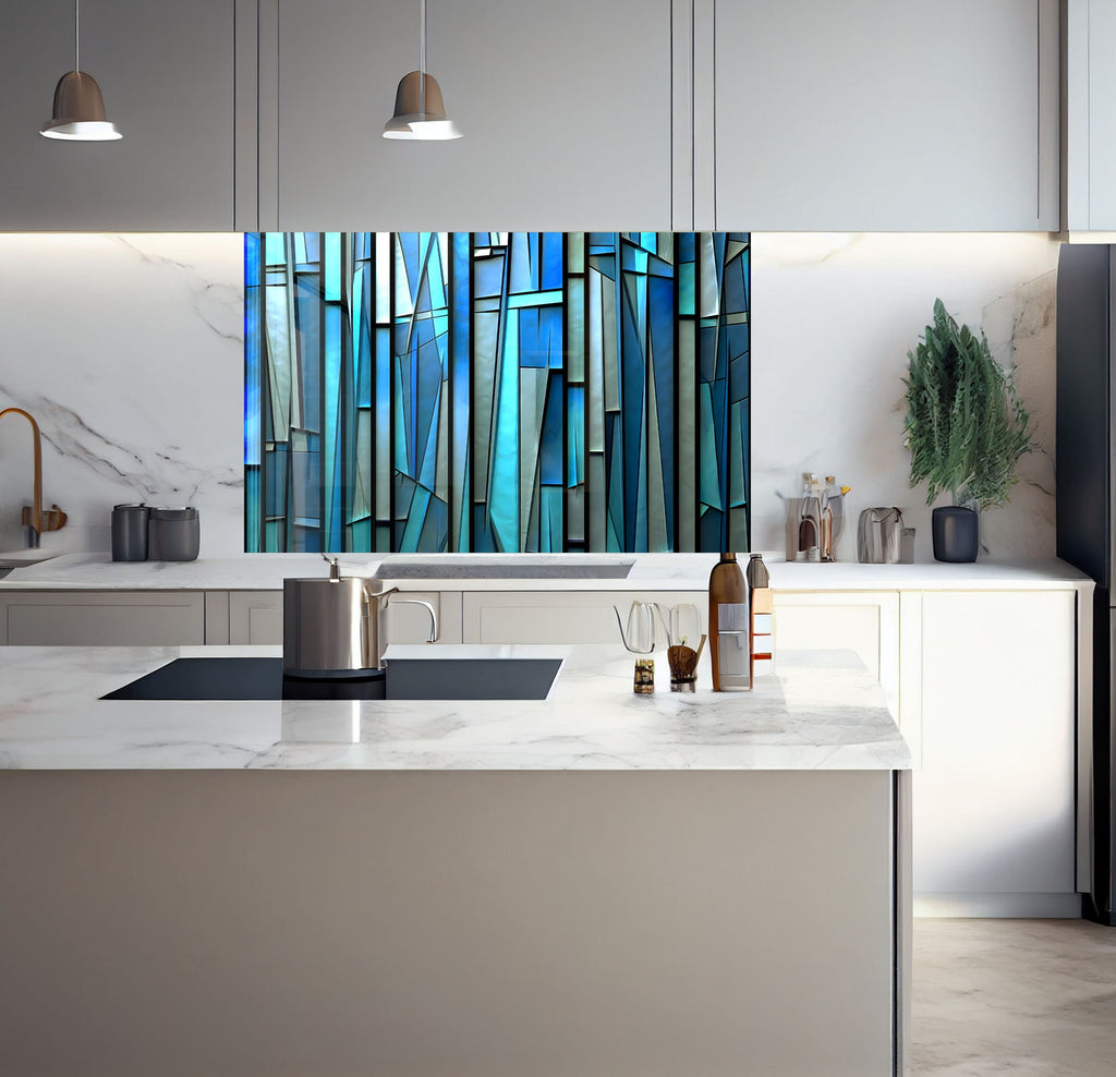 a kitchen with a marble counter top and a painting on the wall