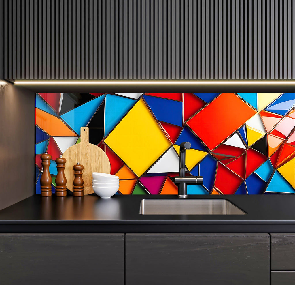 a kitchen counter with a sink and colorful tiles on the wall