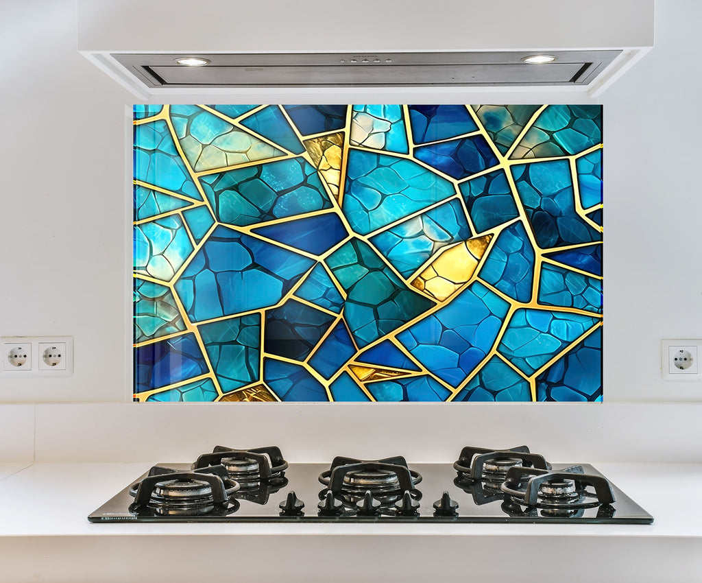 a picture of a blue mosaic glass window over a stove