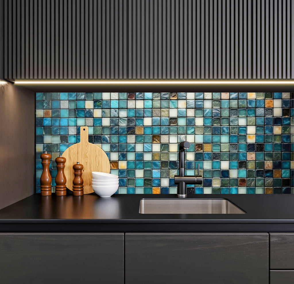 a kitchen with a black counter top and a blue tiled backsplash