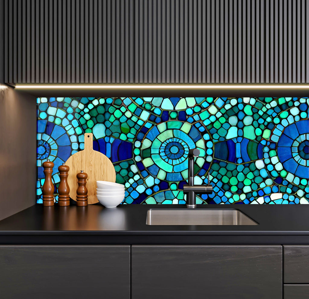 a kitchen with a sink and a mosaic tile backsplash