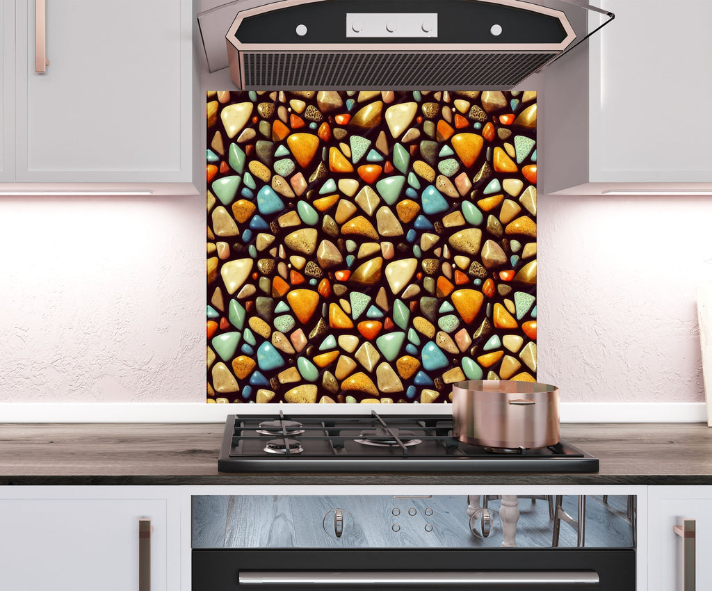 a stove top oven sitting under a window covered in stained glass