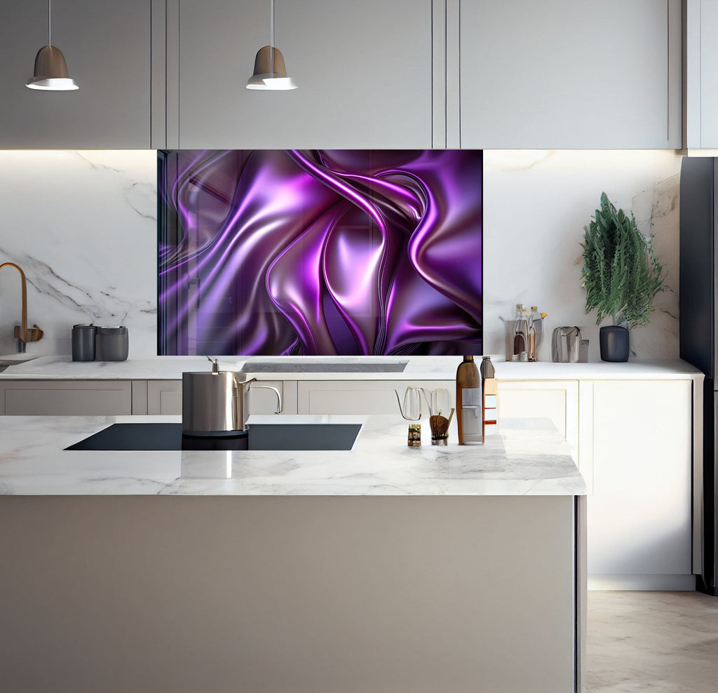 a kitchen with a marble counter top and a painting on the wall