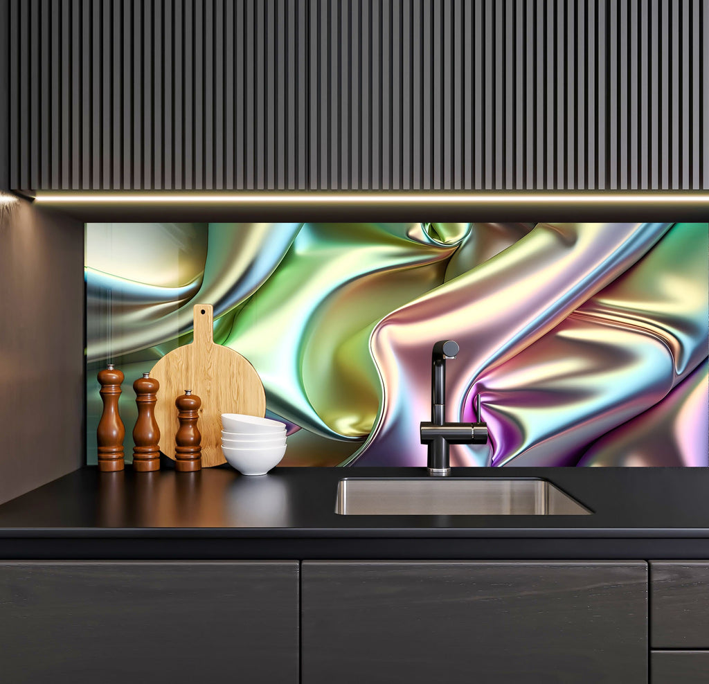 a kitchen counter with a sink and a painting on the wall