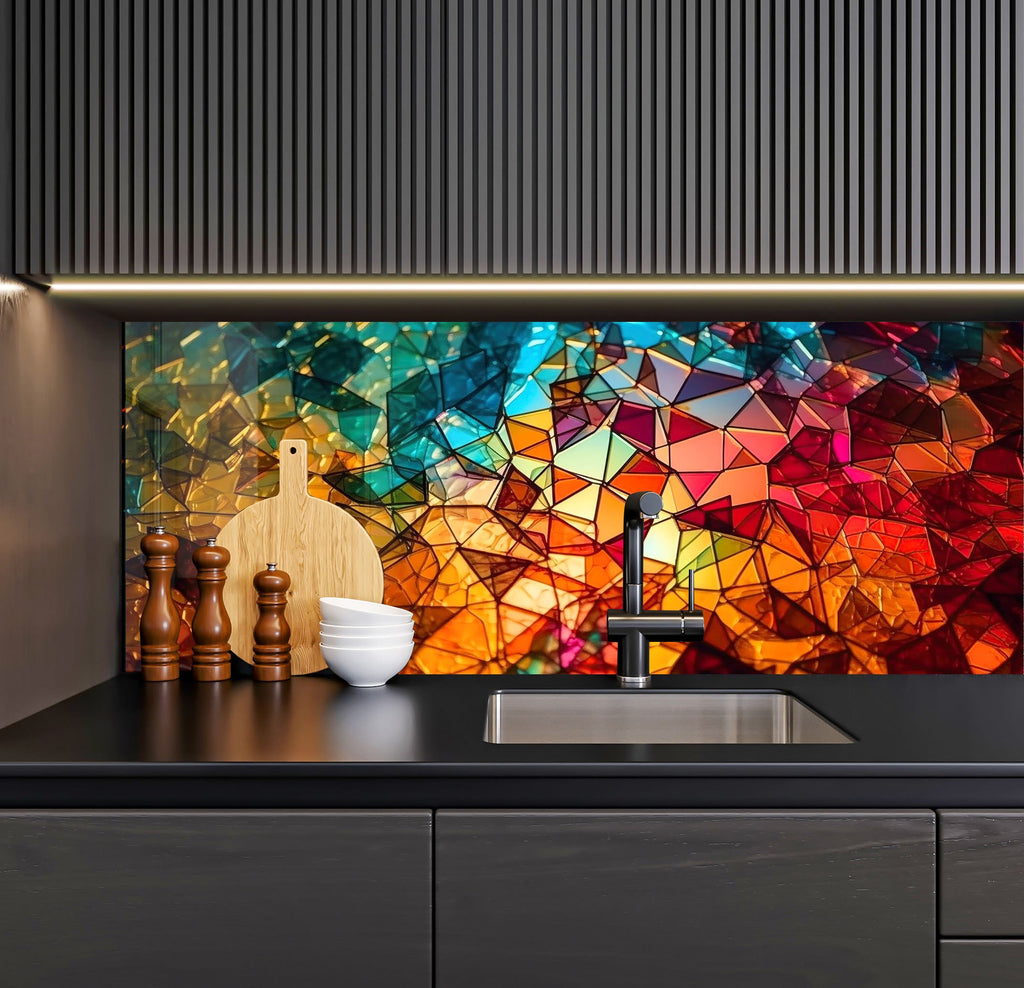 a kitchen counter with a sink and a colorful wall behind it