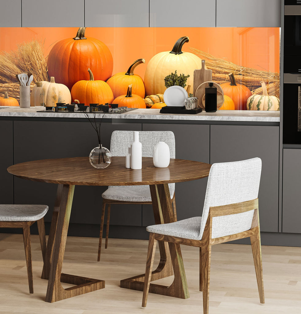 a kitchen with a table with chairs and a wall with pumpkins on it