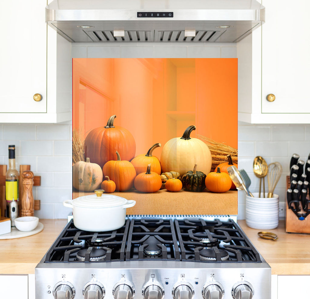 a picture of pumpkins and gourds on a kitchen counter