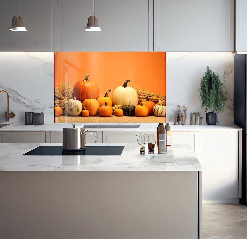 a kitchen with marble counter tops and a painting of pumpkins