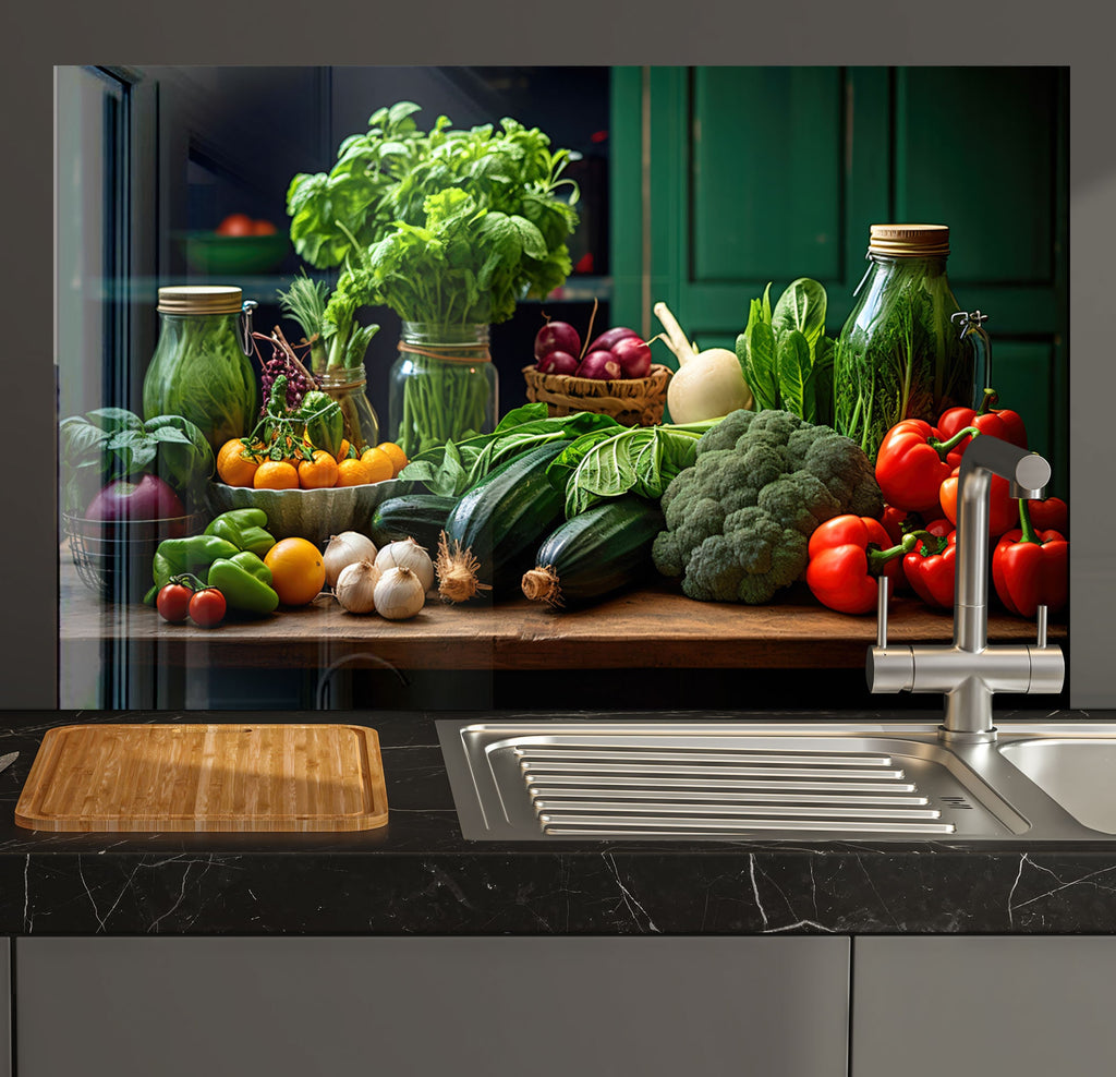 a kitchen counter with a sink and a bunch of vegetables