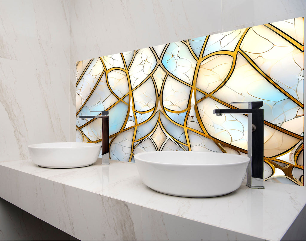 a bathroom with two sinks and a large stained glass window