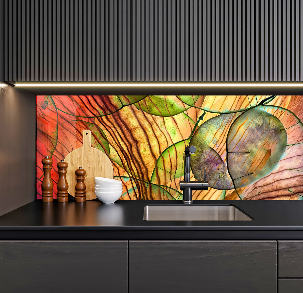 a kitchen with a sink and a painting on the wall