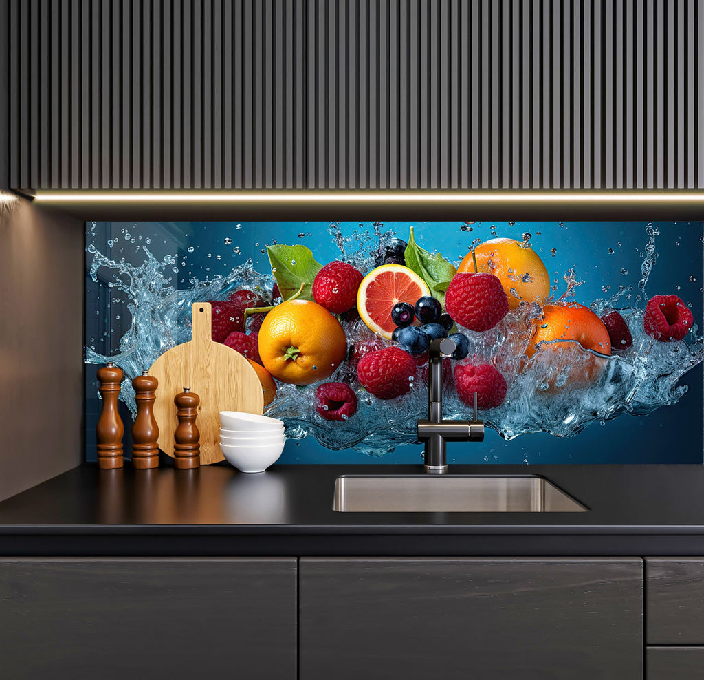 a kitchen with a sink, cutting board and fruit on the counter