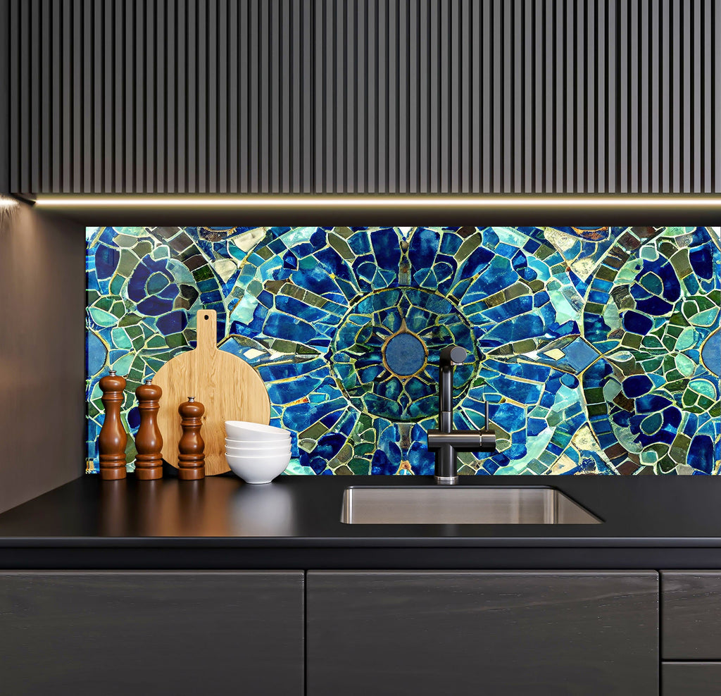 a kitchen with a sink and a mosaic tile backsplash