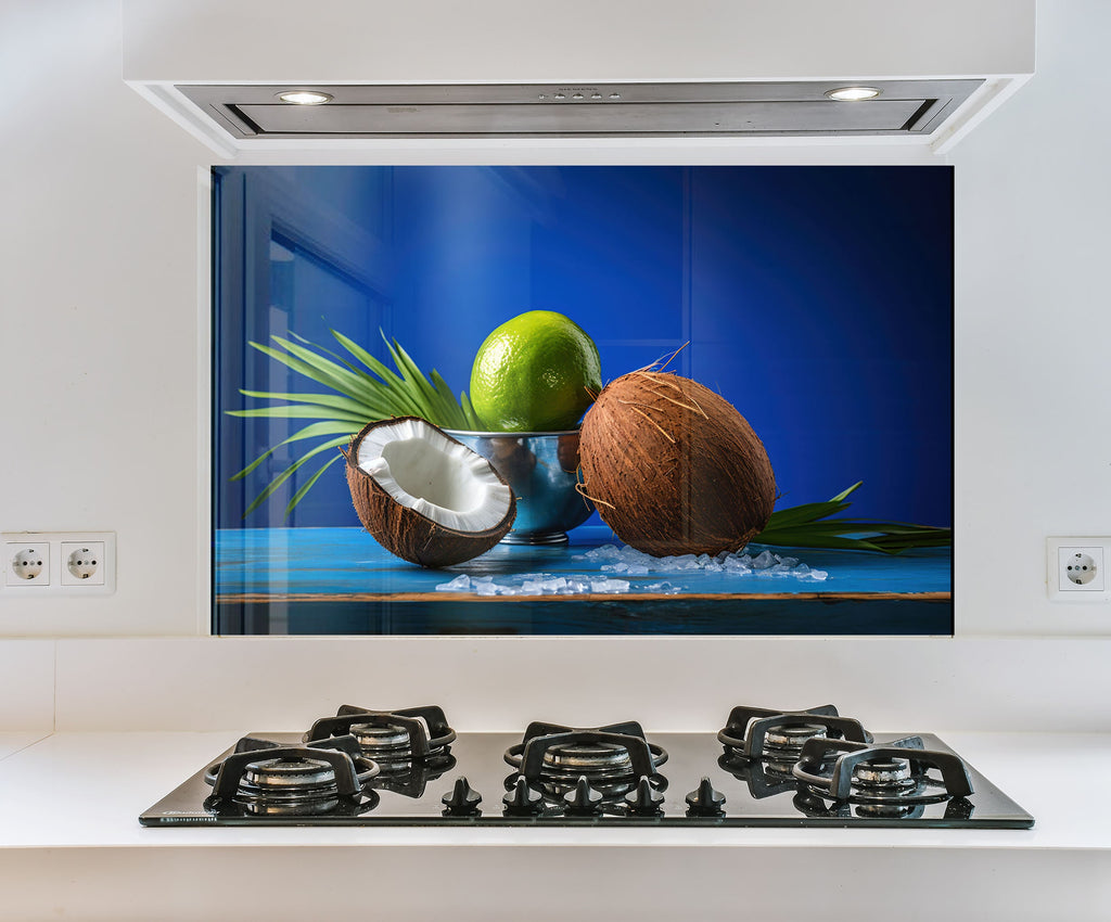 a painting of coconuts and a green apple in a blue bowl