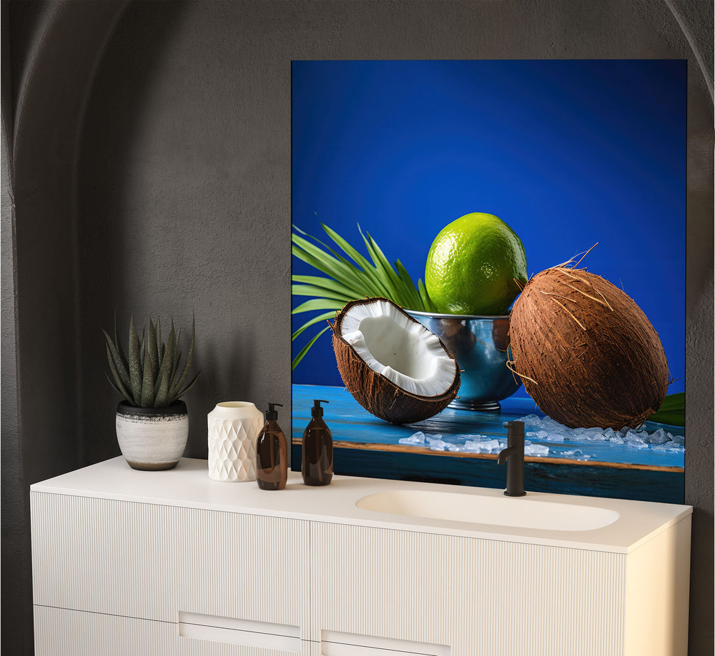 a painting of coconuts and a lime in a bowl