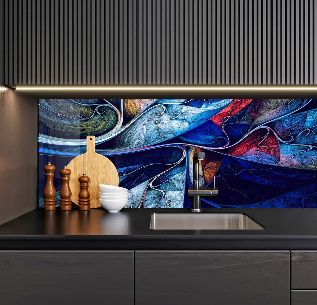 a kitchen with a sink and a painting on the wall