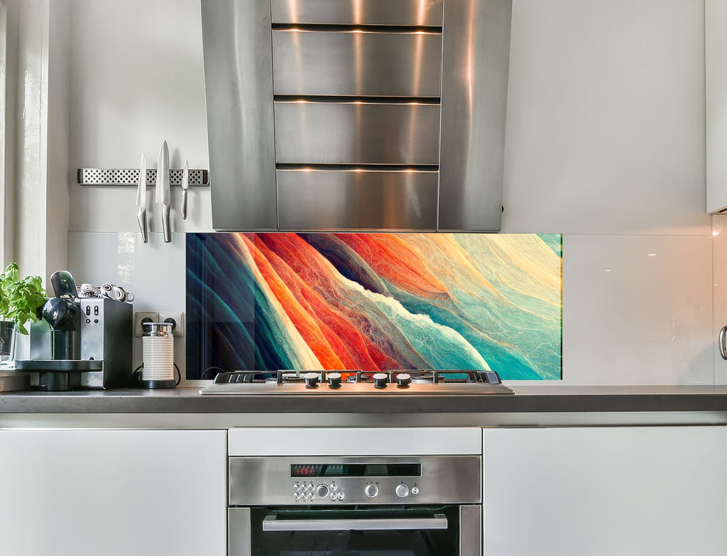 a kitchen with stainless steel appliances and a painting on the wall