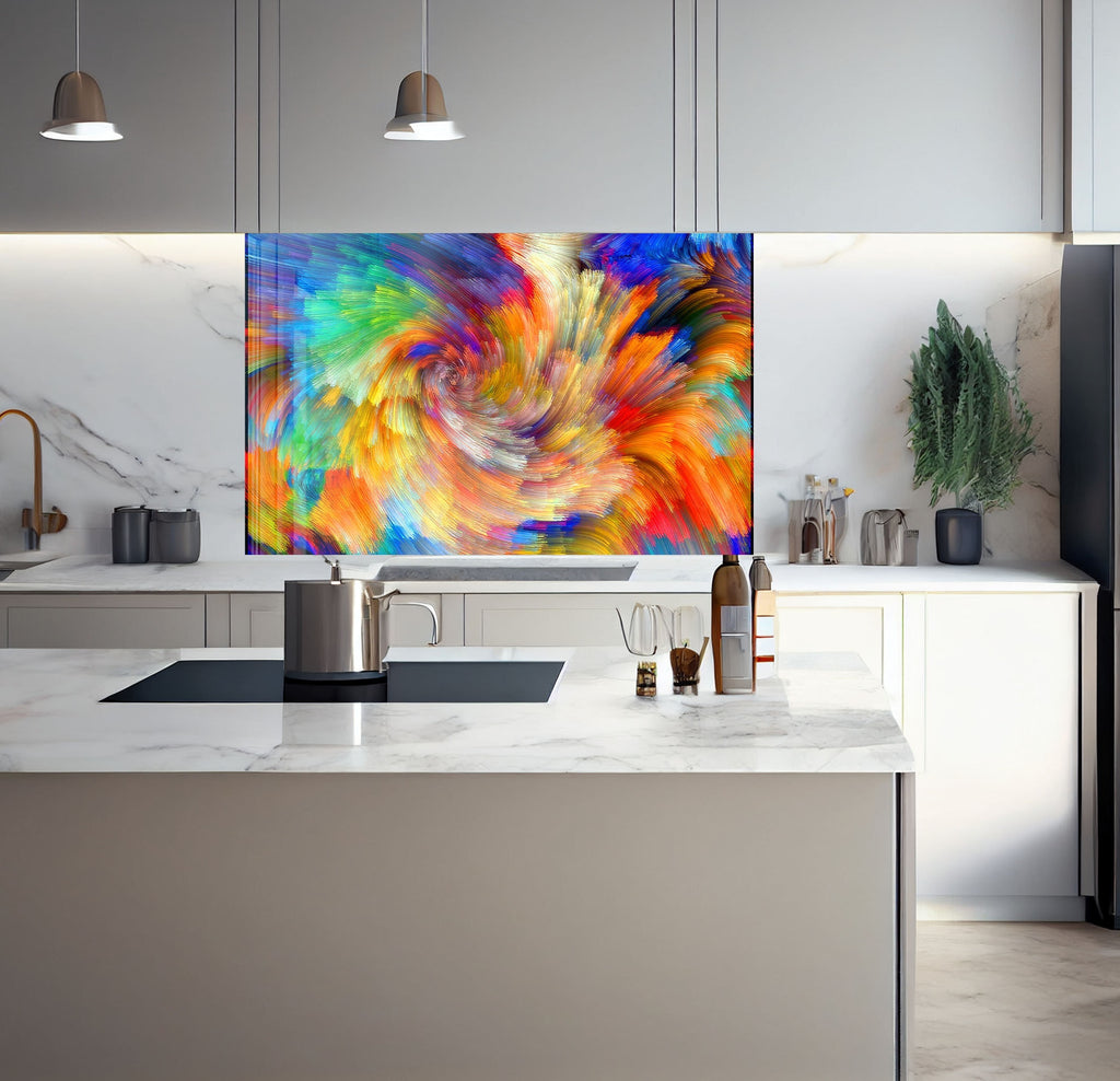 a kitchen with a large painting hanging on the wall