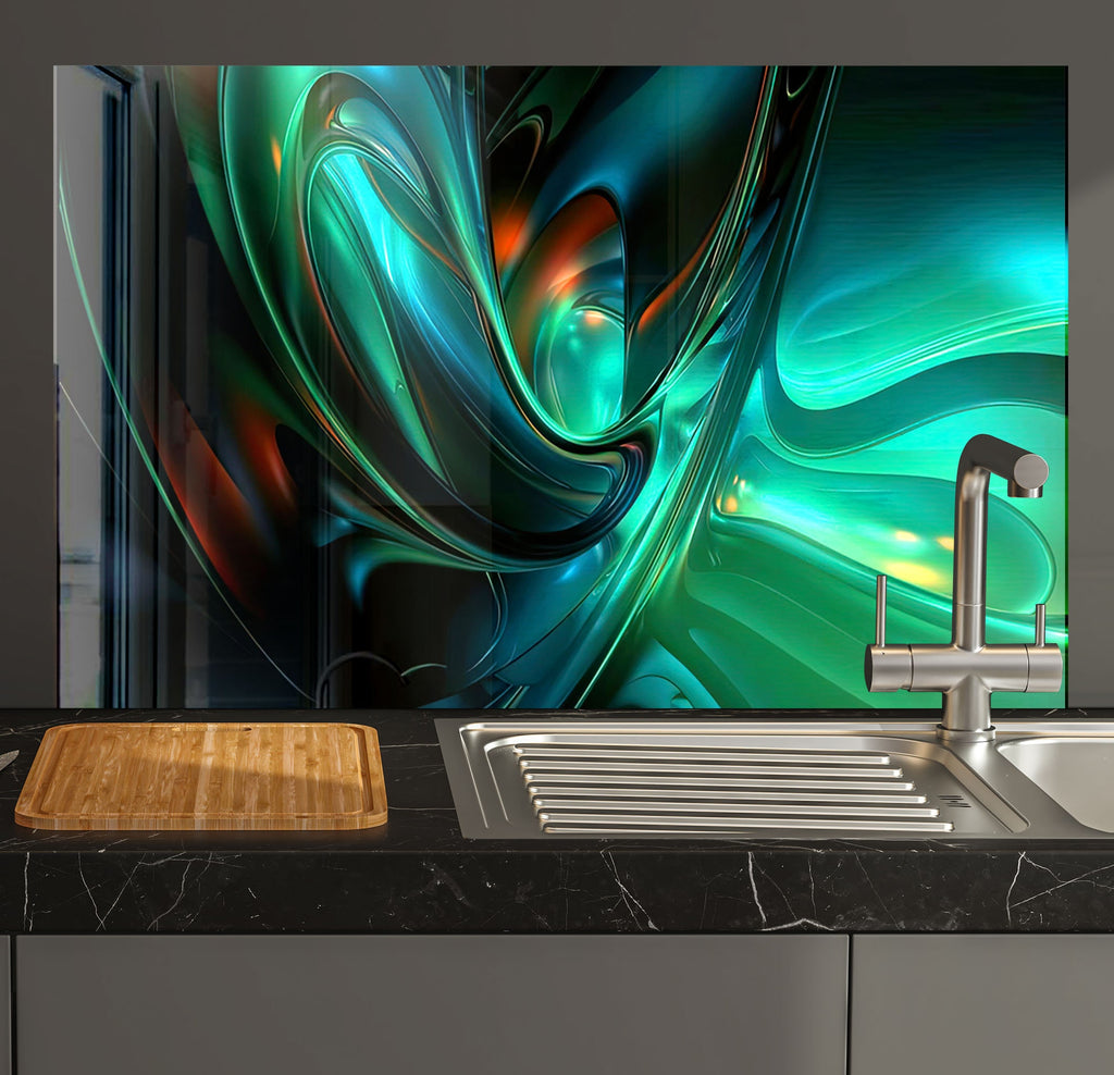 a kitchen with a sink and a painting on the wall