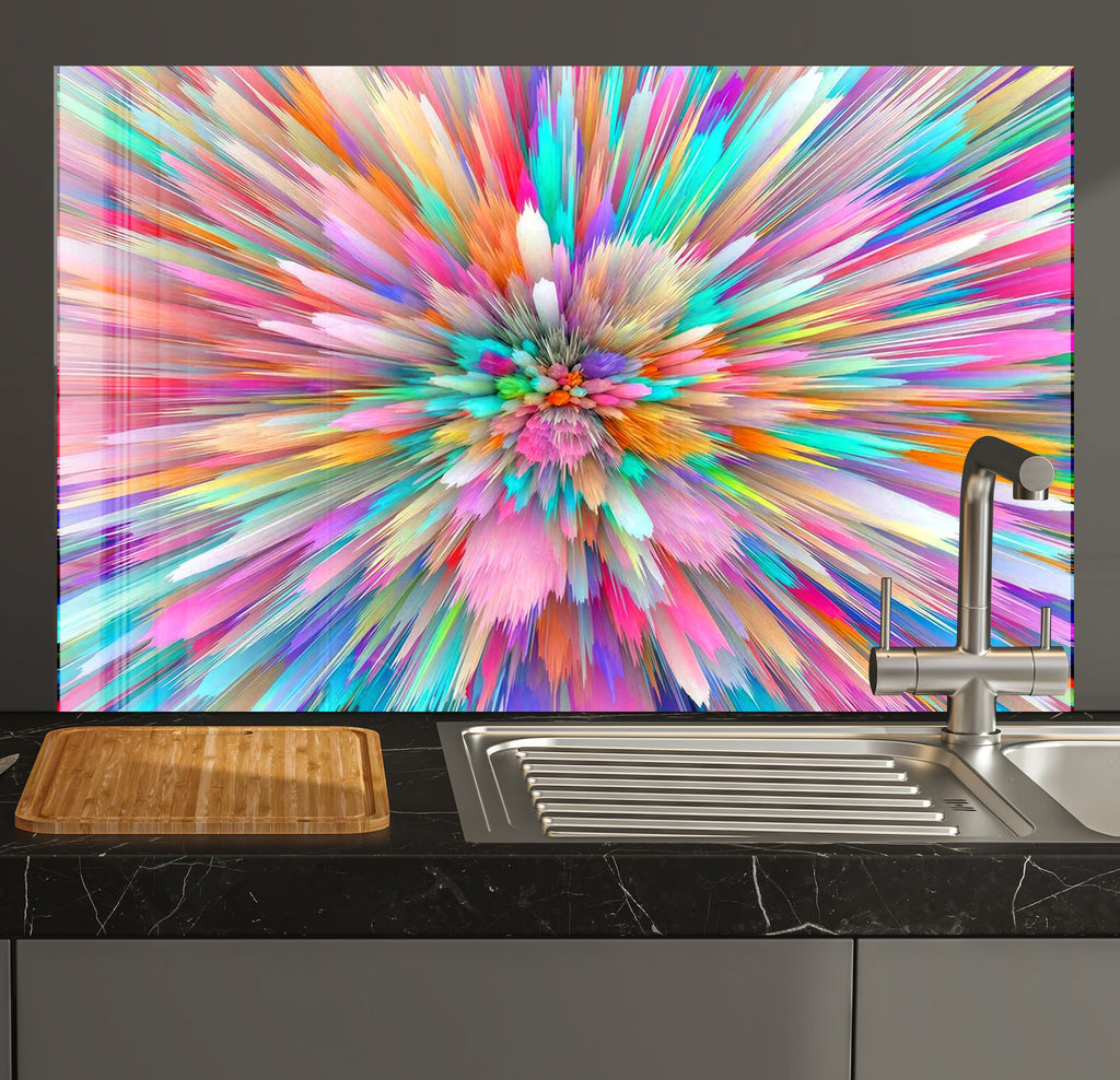 a kitchen counter with a sink and a painting on the wall