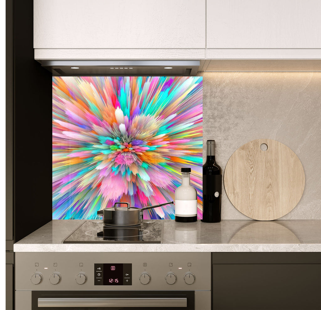 a stove top oven sitting under a colorful painting