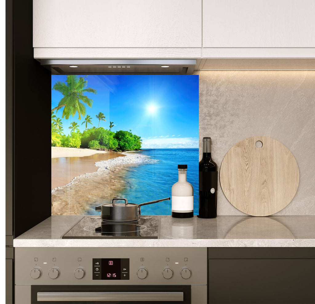 a kitchen with a stove and a painting on the wall