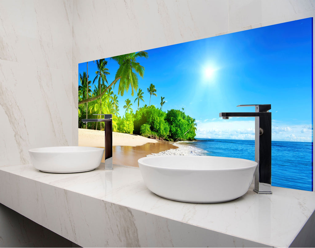 a bathroom with two sinks and a large picture on the wall