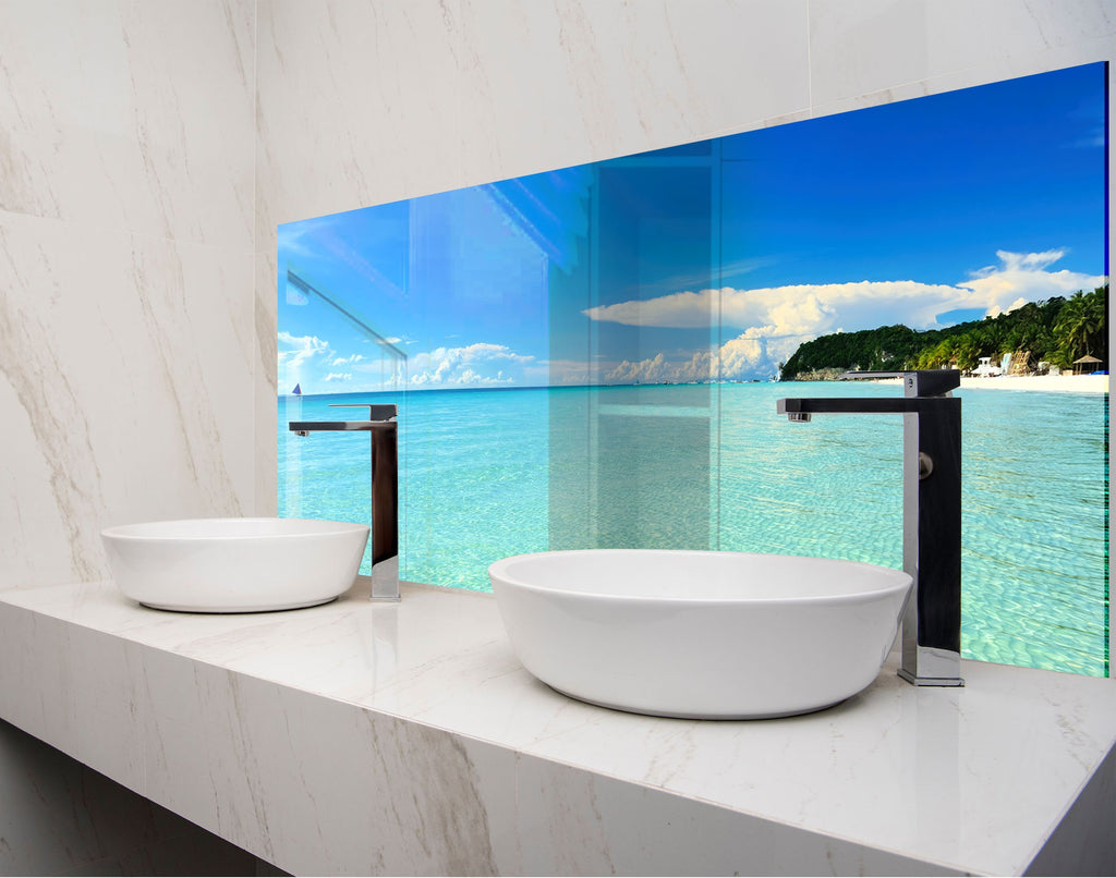 two white bowls on a counter in a bathroom