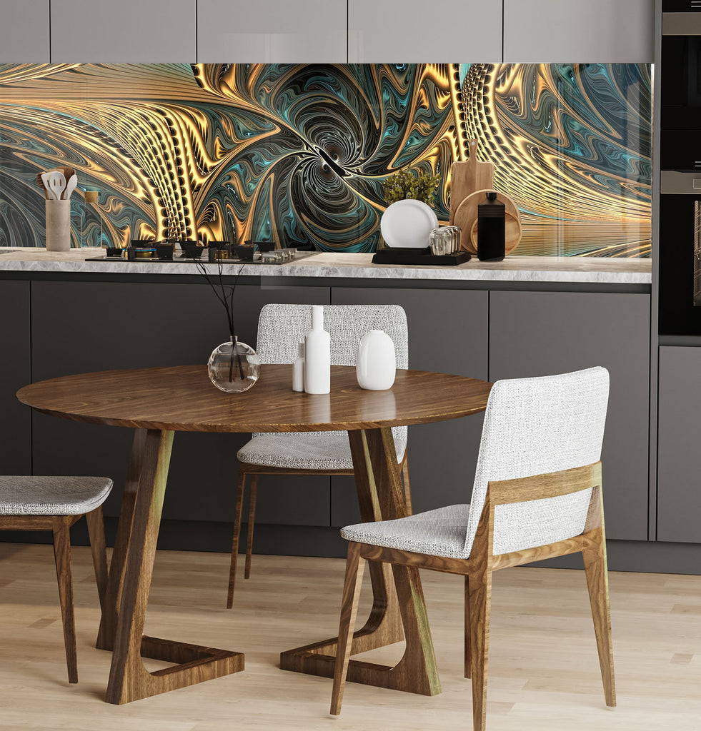 a kitchen with a wooden table and white chairs