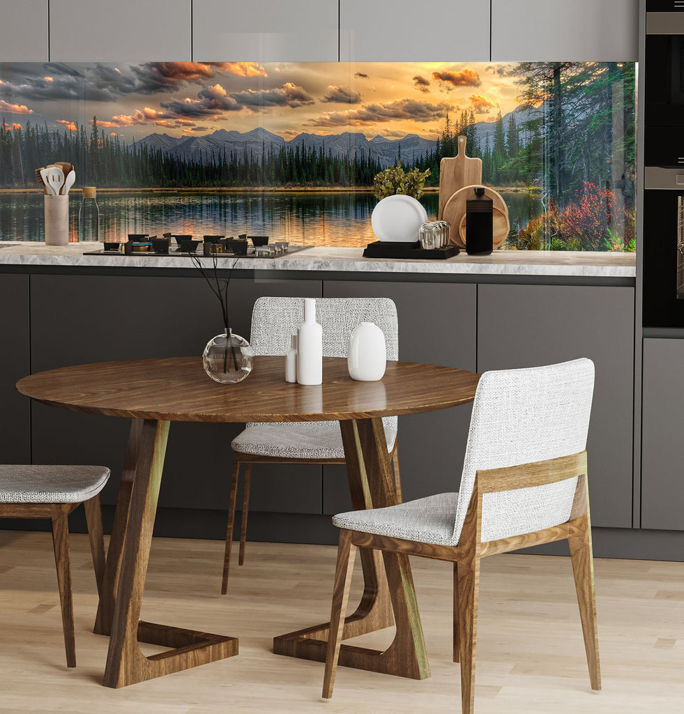 a kitchen with a wooden table and white chairs