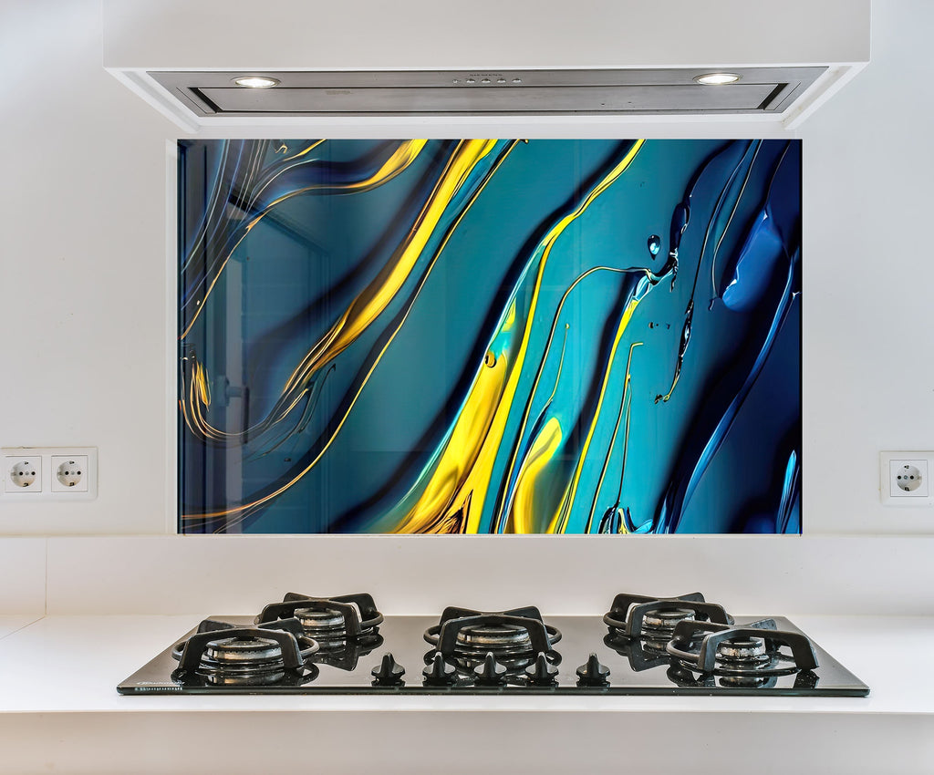 a picture of a blue and yellow painting on a wall above a stove