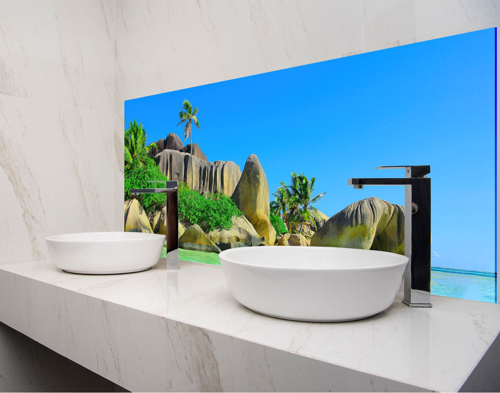 a bathroom with two sinks and a painting on the wall