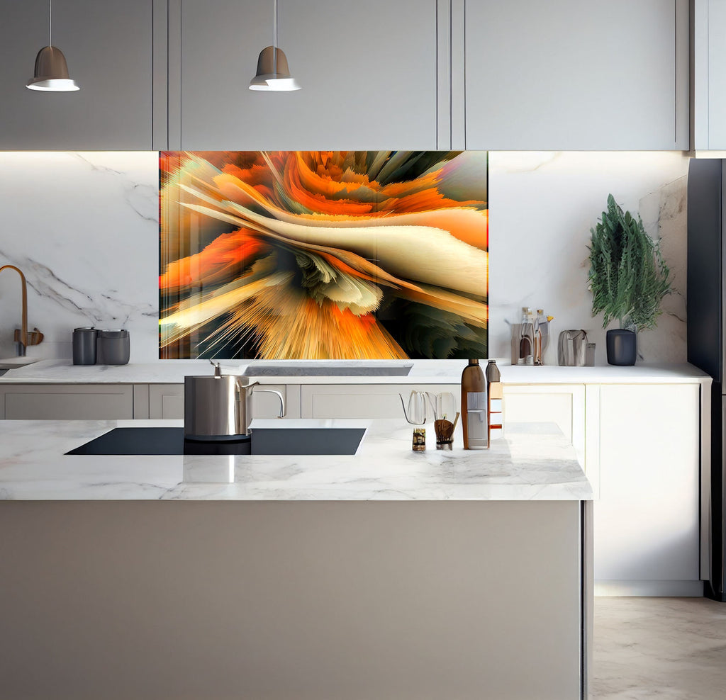 a kitchen with a marble counter top and a painting on the wall