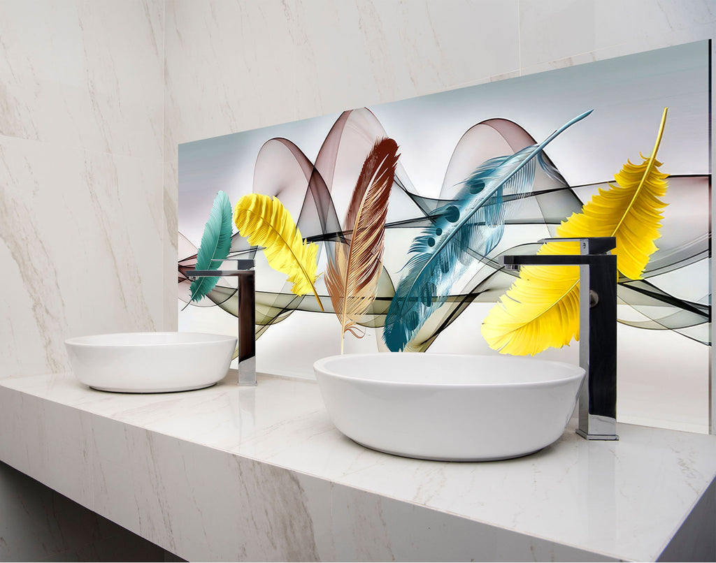 two bowls on a counter with a painting behind them