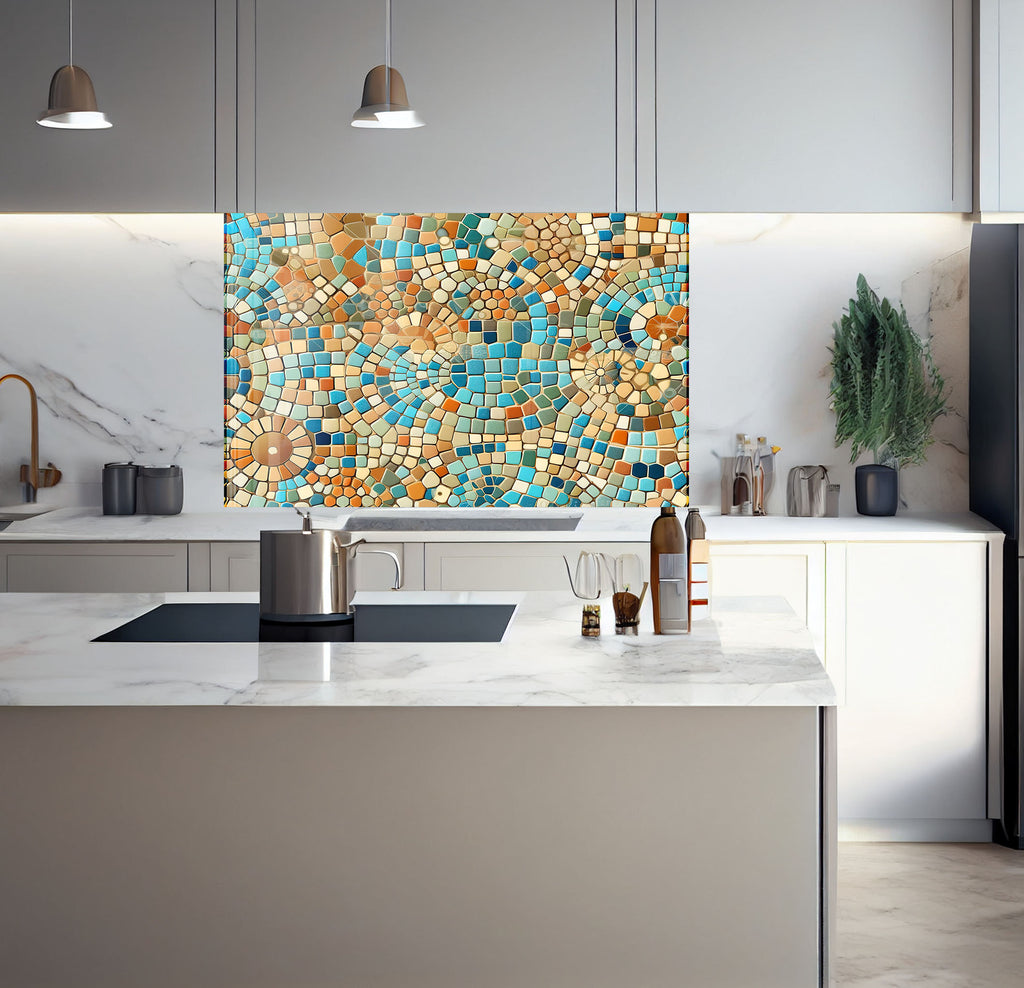 a kitchen with a marble counter top and a painting on the wall