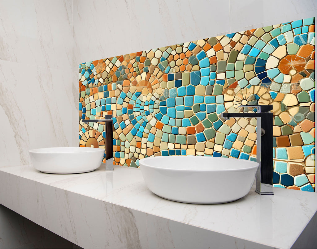 a bathroom with two sinks and a mosaic tile wall