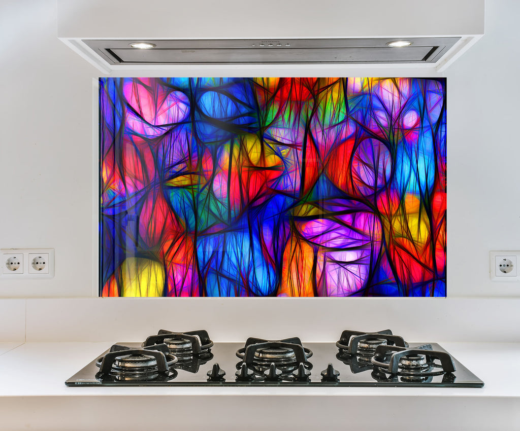 a colorful painting on a wall above a stove