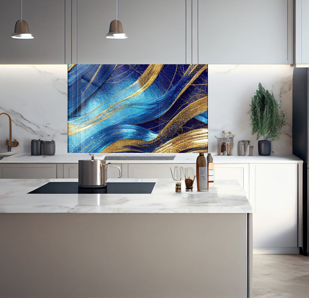 a kitchen with a marble counter top and a painting on the wall