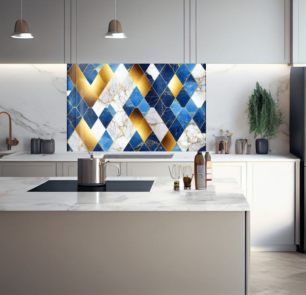 a kitchen with a marble counter top and a painting on the wall