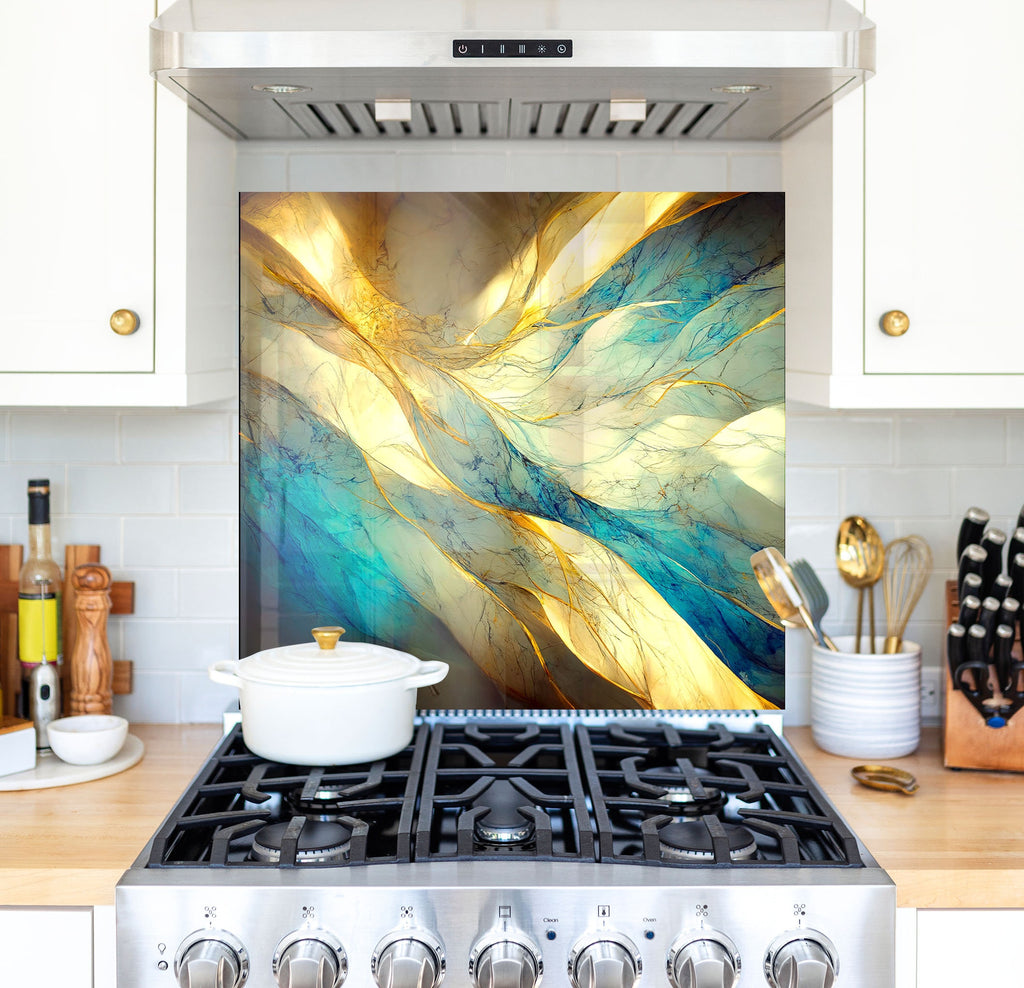 a stove top oven sitting under a painting