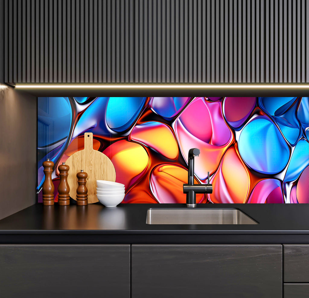 a kitchen counter with a sink and a painting on the wall